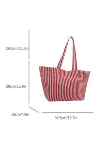 Túi Tote Canvas Sọc, Sang Trọng & Đơn Giản, Sức Chứa Lớn, Thích Hợp Cho Đi Làm, Mua Sắm, Chuyến Đi Ngắn Ngày - Đỏ - Xem 8