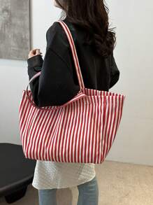 Túi Tote Canvas Sọc, Sang Trọng & Đơn Giản, Sức Chứa Lớn, Thích Hợp Cho Đi Làm, Mua Sắm, Chuyến Đi Ngắn Ngày - Đỏ - Xem 3