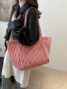 Túi Tote Canvas Sọc, Sang Trọng & Đơn Giản, Sức Chứa Lớn, Thích Hợp Cho Đi Làm, Mua Sắm, Chuyến Đi Ngắn Ngày - Đỏ - Xem 2