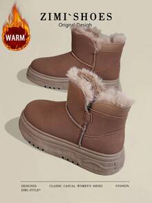 1 双女式冬季保暖蓬松内衬圆头户外防水高帮雪地靴 - 棕色 - 查看 4