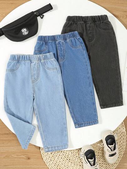 Set de 3 Pantalones vaqueros casuales y versátiles azules y grises para niños pequeños y niñas, de verano