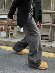 1 件装 男士复古水洗美式街头宽松阔腿牛仔裤 - 黑色 - 查看 8