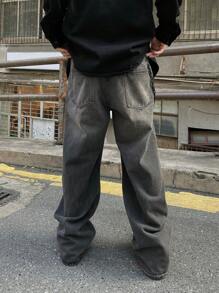 1 件装 男士复古水洗美式街头宽松阔腿牛仔裤 - 黑色 - 查看 6