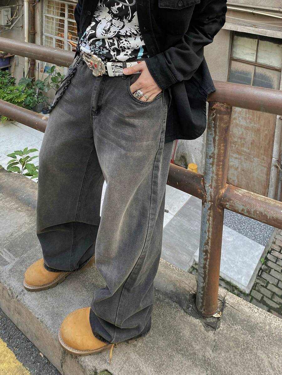 1 件装 男士复古水洗美式街头宽松阔腿牛仔裤 - 黑色 - 查看 1