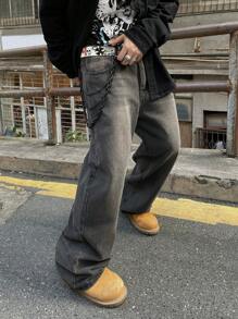 1 件装 男士复古水洗美式街头宽松阔腿牛仔裤 - 黑色 - 查看 5