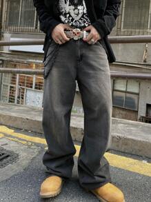 1 件装 男士复古水洗美式街头宽松阔腿牛仔裤 - 黑色 - 查看 3