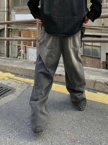 1 件装 男士复古水洗美式街头宽松阔腿牛仔裤 - 黑色 - 查看 7