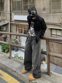 1 件装 男士复古水洗美式街头宽松阔腿牛仔裤 - 黑色 - 查看 4