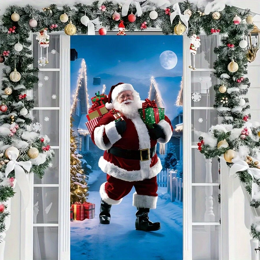 圣诞老人夜景门廊横幅 - 1 件，多用途聚酯纤维节日装饰，适用于圣诞派对门、墙壁庆祝活动，无需电力 - 1個 - 查看 1