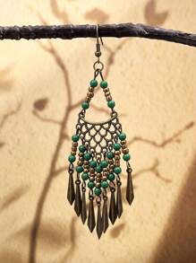 1 Pair Boho Vintage Hollow Tasseled Green Resin Beaded Earrings, Elegant Classic Accessory For Women, Suitable For Beach Vacation, Daily Wear, Party/Dinner, Great Gift For Family, Sisters, Friends, Girlfriend, Party, Birthday, Valentine's Day