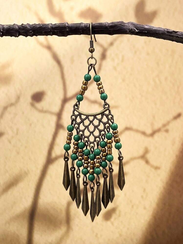 1 对波西米亚风复古镂空流苏绿色树脂串珠耳环，优雅经典女士配饰，适合海滩度假、日常佩戴、派对/晚宴，是送给家人、姐妹、朋友、女朋友、派对、生日、情人节的绝佳礼物 - 綠色 - 查看 3