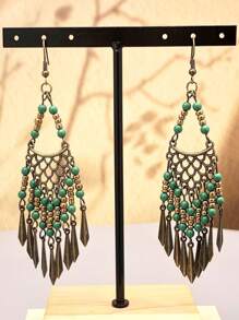 1 Pair Boho Vintage Hollow Tasseled Green Resin Beaded Earrings, Elegant Classic Accessory For Women, Suitable For Beach Vacation, Daily Wear, Party/Dinner, Great Gift For Family, Sisters, Friends, Girlfriend, Party, Birthday, Valentine's Day