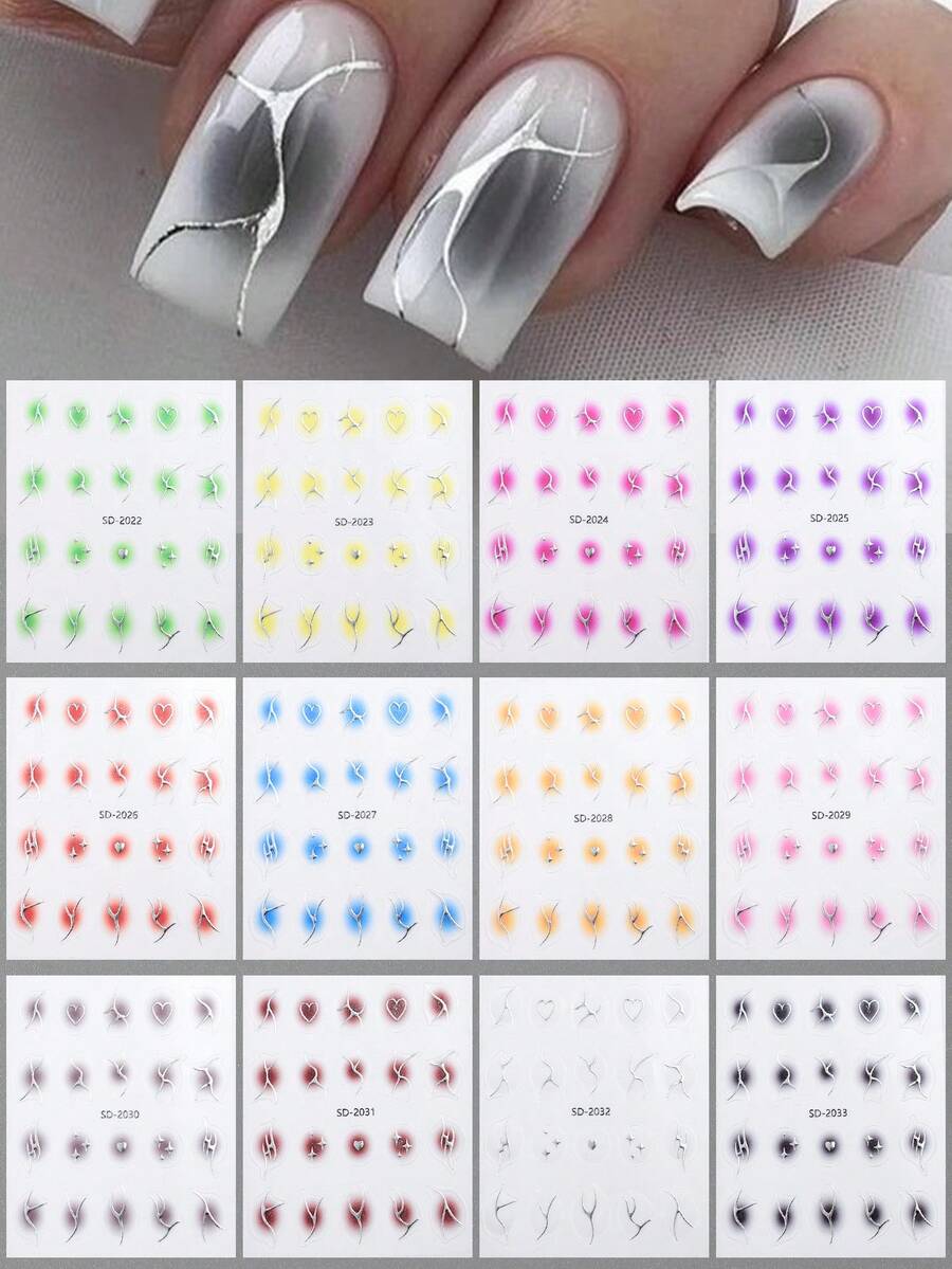 Miếng dán và đề can nghệ thuật móng tay hình bầu dục hình học - Miếng dán màu hồng cầu vồng có nhũ, Trang trí bằng giấy tự dính trên bề mặt nhựa, Nhũ, Dùng một lần, Bộ 12 miếng dán móng tay hình học hỗn hợp - Nhiều màu - Xem 1