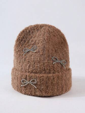 1pc Faux Pearl Bow Knitted Beanie Hat For Men, Thick Winter Warm Ear Muff Headscarf Cover Head Cap