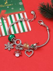 1 Stück Weihnachts-Armband mit eleganter Faux-Perlen-Schleife, Schneeflocke, Rentier, DIY-Perlen und Kupferkette, Kontrast in Rot und Grün, geeignet als Accessoire für Frauen zu Weihnachtspartys, Geschenk für Freunde und Familie
