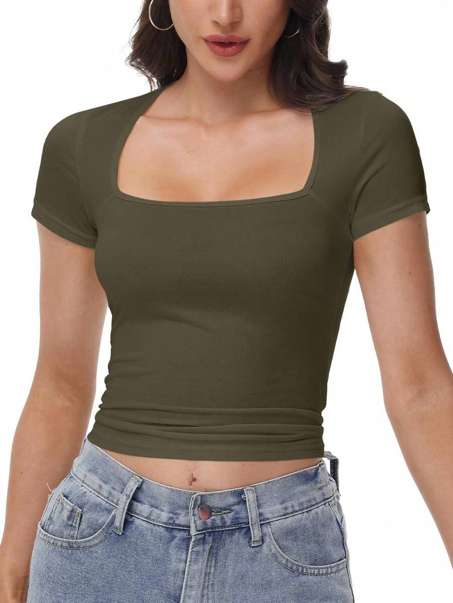 Women's Short Sleeve Square Neck T Shirts Double Lined Basic Tee Slim Fit Tops - xanh quân đội - Xem 1
