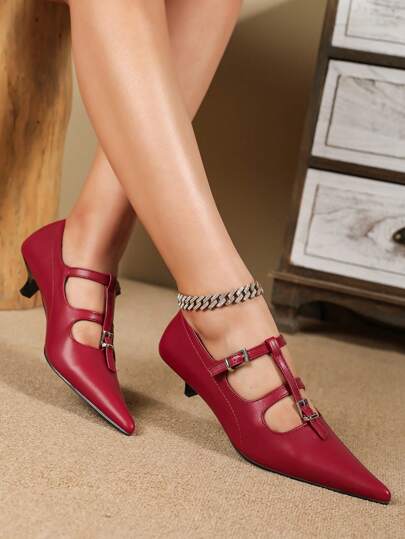 Pointed Toe Burgundy Angola Red High Heel Pump Shoes, Slim Stiletto, Square Toe, Low Vamp, 2024 New Fall Versatile Sexy French Office Work Shoes, Non-Fatiguing, Big Size 41-43