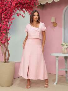 Skirt And Blouse Set In Twill Viscose Short Sleeve Blouse With Boat Neckline Midi Skirt With Flared Model With Pockets And Front Slit - 淺粉色 - 查看 4