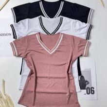 3-Piece Kit Of Women's Ribbed V-Neck Blouses One Size 40 42 44 Summer Fashion Black + White + One Color Of Your Choice - 藕粉色 - 查看 3