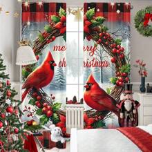 2pcs Christmas Theme Curtains,Christmas Red Bird And Berry Red Leaf Design Curtains,Bedroom Living Room Decoration Curtains,Christmas Decorations,Christmas Gifts