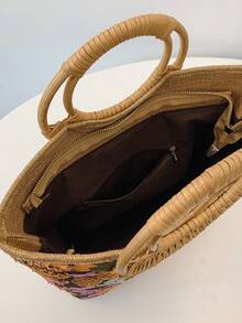 1 件时尚拼色亮片网眼撞色叶花卉刺绣优雅女士竹节圆形包，手提波西米亚休闲节日派对手提包 - 橘色 - 查看 10