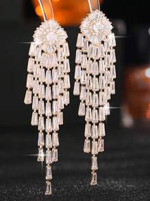 一对奢华闪亮大流苏锆石女士长耳环，情人节礼物，镶嵌AAA级立方氧化锆，订婚结婚耳环首饰，情人节，母亲节礼物 - 金色 - 查看 5