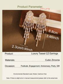 一对奢华闪亮大流苏锆石女士长耳环，情人节礼物，镶嵌AAA级立方氧化锆，订婚结婚耳环首饰，情人节，母亲节礼物 - 金色 - 查看 3