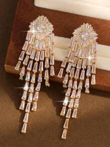 一对奢华闪亮大流苏锆石女士长耳环，情人节礼物，镶嵌AAA级立方氧化锆，订婚结婚耳环首饰，情人节，母亲节礼物 - 金色 - 查看 6