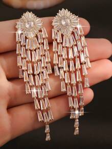 一对奢华闪亮大流苏锆石女士长耳环，情人节礼物，镶嵌AAA级立方氧化锆，订婚结婚耳环首饰，情人节，母亲节礼物 - 金色 - 查看 4