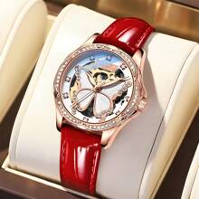 FENSIR 1 Stück Damen Echte Cut Out Strass Automatik Mechanische Uhr, modischer minimalistischer leuchtender wasserdichter Lederarmband, geeignet für tägliche Outfits