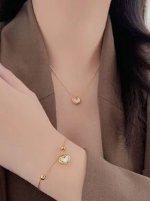 VceTd Bộ 4 chiếc/Bộ vòng cổ, vòng tay, hoa tai phong cách cổ điển thanh lịch với mặt dây chuyền bằng thép không gỉ hình trái tim vỏ sò màu trắng hoặc hình trái tim nữ hoàng bằng nhựa màu đỏ, thích hợp cho phụ nữ đeo khi dự tiệc, đám cưới hoặc làm quà tặng ngày lễ tình nhân - Vàng - Xem 3
