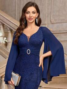 MIUSOL Đầm dự tiệc trang trọng tay dài ren hoa cổ chữ V sâu thanh lịch, váy dự tiệc cưới, váy dạ hội - Màu xanh hải quân - Xem 7