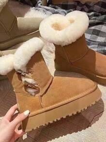 Thick Sole Snow Boots, Vintage Buckle Design, Warm Thermal Lined, Lightweight Casual Comfortable Outdoor Sports Snow Boots