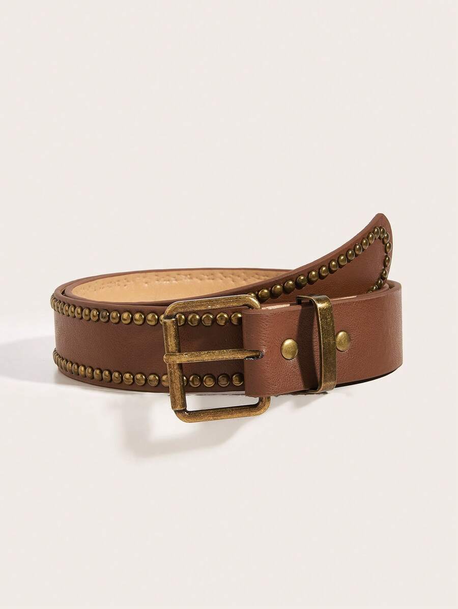 1pc Vintage Western-Style Hand-Studded Buckle PU Leather Belt, Versatile For Jeans, Dresses And Streetwear Look Summer, School Fall, Autumn, Halloween - Camel - View 1