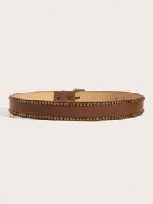 1pc Vintage Western-Style Hand-Studded Buckle PU Leather Belt, Versatile For Jeans, Dresses And Streetwear Look Summer, School Fall, Autumn, Halloween - Camel - View 2