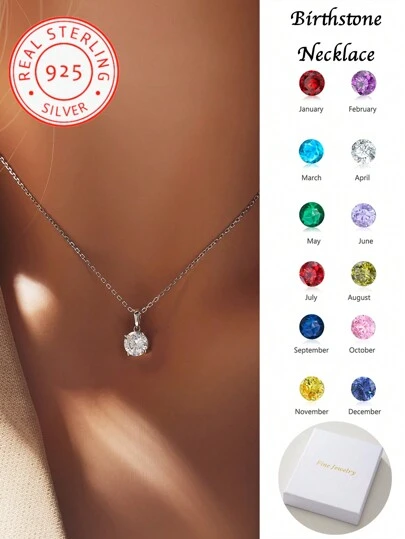 1pc 925 Sterling Silver Personalized Customized Birthstone Pendant Necklace, Gift For Couples And Family Stylish,Fall Fashion,Contracted,Simple,Casual,Old Money,Colorful,Soccer Mom Custom,Personalized,Unique Ideal Gifts For Her Girlfriend,Mom,Family,Friends,Daughter For Anniversaries,For Birthdays,For Daily Wear,For Prom,For Mother's Day,For Valentine's Day,For Graduation,For Weddings