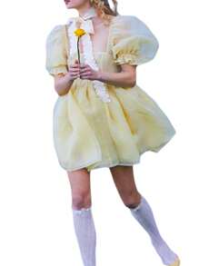 Women Summer Puffy Dress, Solid Color Square Neck Bubble Sleeve One-Piece Short Dress For Ladies, Pink/Purple/Yellow - Màu vàng - Xem 3