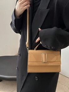 Túi xách PU tối giản thời trang, Túi đeo vai & đeo chéo mùa đông. Thắt lưng kìm PU màu trơn trang trí túi xách lật đeo chéo túi xách nữ - màu nâu - Xem 8