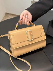 Túi xách PU tối giản thời trang, Túi đeo vai & đeo chéo mùa đông. Thắt lưng kìm PU màu trơn trang trí túi xách lật đeo chéo túi xách nữ - màu nâu - Xem 5