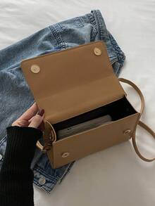 Túi xách PU tối giản thời trang, Túi đeo vai & đeo chéo mùa đông. Thắt lưng kìm PU màu trơn trang trí túi xách lật đeo chéo túi xách nữ - màu nâu - Xem 12