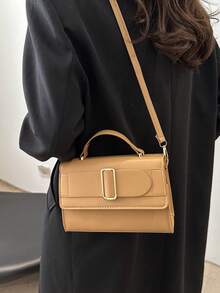 Túi xách PU tối giản thời trang, Túi đeo vai & đeo chéo mùa đông. Thắt lưng kìm PU màu trơn trang trí túi xách lật đeo chéo túi xách nữ - màu nâu - Xem 7