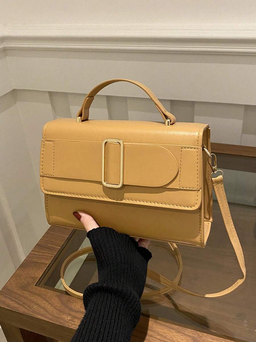 Túi xách PU tối giản thời trang, Túi đeo vai & đeo chéo mùa đông. Thắt lưng kìm PU màu trơn trang trí túi xách lật đeo chéo túi xách nữ