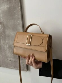 Túi xách PU tối giản thời trang, Túi đeo vai & đeo chéo mùa đông. Thắt lưng kìm PU màu trơn trang trí túi xách lật đeo chéo túi xách nữ - màu nâu - Xem 4