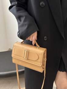 Túi xách PU tối giản thời trang, Túi đeo vai & đeo chéo mùa đông. Thắt lưng kìm PU màu trơn trang trí túi xách lật đeo chéo túi xách nữ - màu nâu - Xem 6