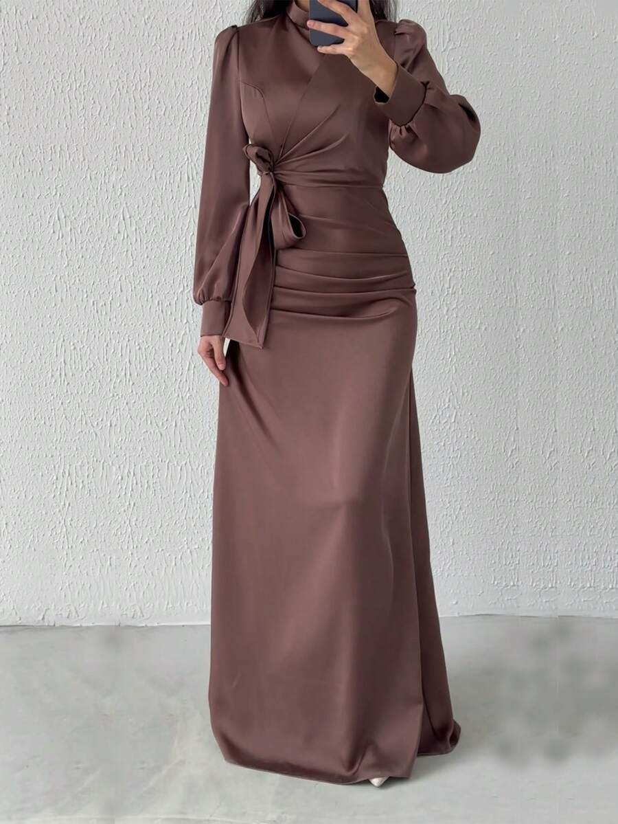 Elegant Solid Color Twist Collar Pleated Long Sleeve Dress, Modest