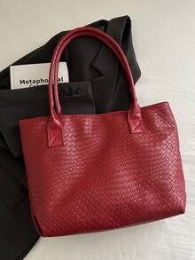 Large Capacity PU Burgundy Shoulder Handbag, Woven Tote Bag, Fashion European&American Style Commuting Bag For Women, Back To School Large Bag - Burgundy - View 6