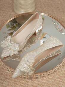 Zapatos de tacón alto elegantes para damas con decoración de mariposa de cristal, puntera afilada, color plateado, tacón grueso, estilo slip-on, elegantes, para fiestas