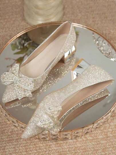 Fall/Winter Rhinestone Butterfly Decor Silver Pointed Toe Elegant Ladies High Heel Shoes, Slip On Chunky Heels,Elegant,Party