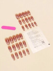 30件中长款棺材按压式美甲套装，带法式尖头、猫眼、笑脸图案，适合派对、婚礼、日常穿着等各种场合。包含1件果冻凝胶和1件缓冲块美甲用品 - 彩色 - 查看 5