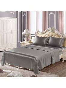 4 Pcs Smooth Satin Silk Sheet Set Deep Pocket Bed Sheet Wrinkle Fade Resistant - Xám - Xem 11